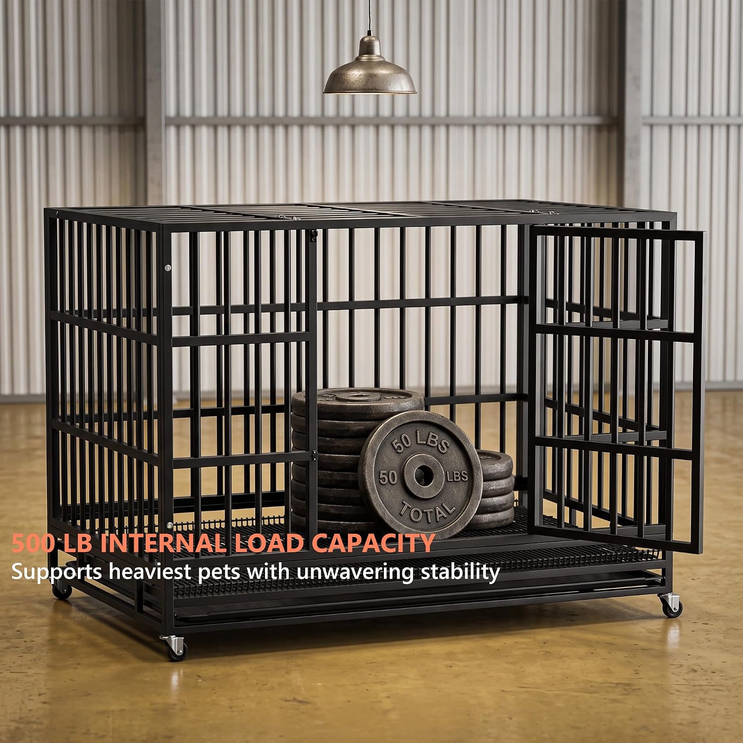 LEMBERI 48" Heavy Duty Dog Crate for Large Dogs, Black | Indestructible escape-proof cage kennel for high anxiety dogs, with removable wire trays & lockable wheels