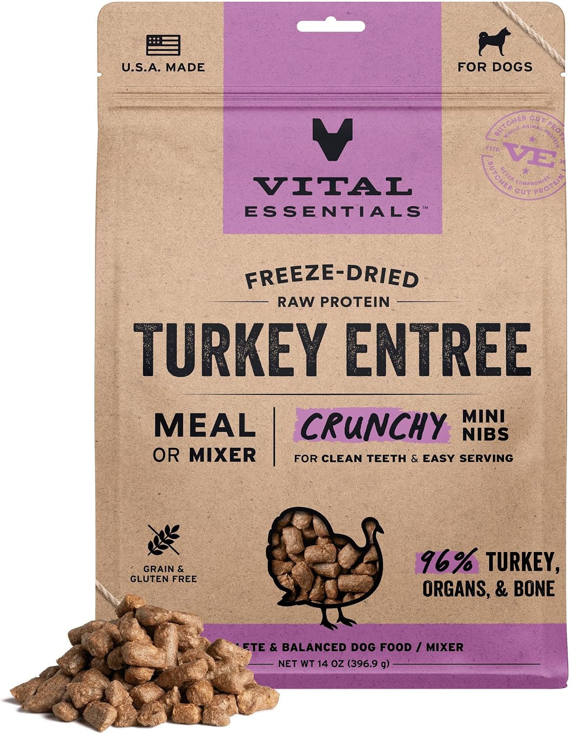 Vital Essentials Freeze Dried Dog Food, Turkey Mini Nibs, 14 oz Bag | Crunchy, Complete Meal or Topper, Made With 96% Turkey, Organs & Bone, High Protein Raw Nutrition, Grain-Free Recipe