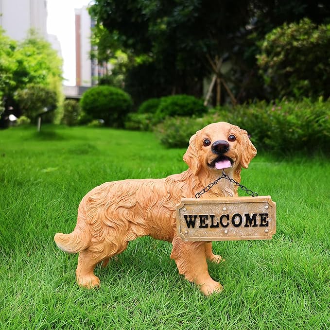 Golden Retriever Statue Outdoor Decorations – Outdoor Dog Statue Standing Golden Retriever with Removable Solar Light & Welcome Sign for Patio Décor