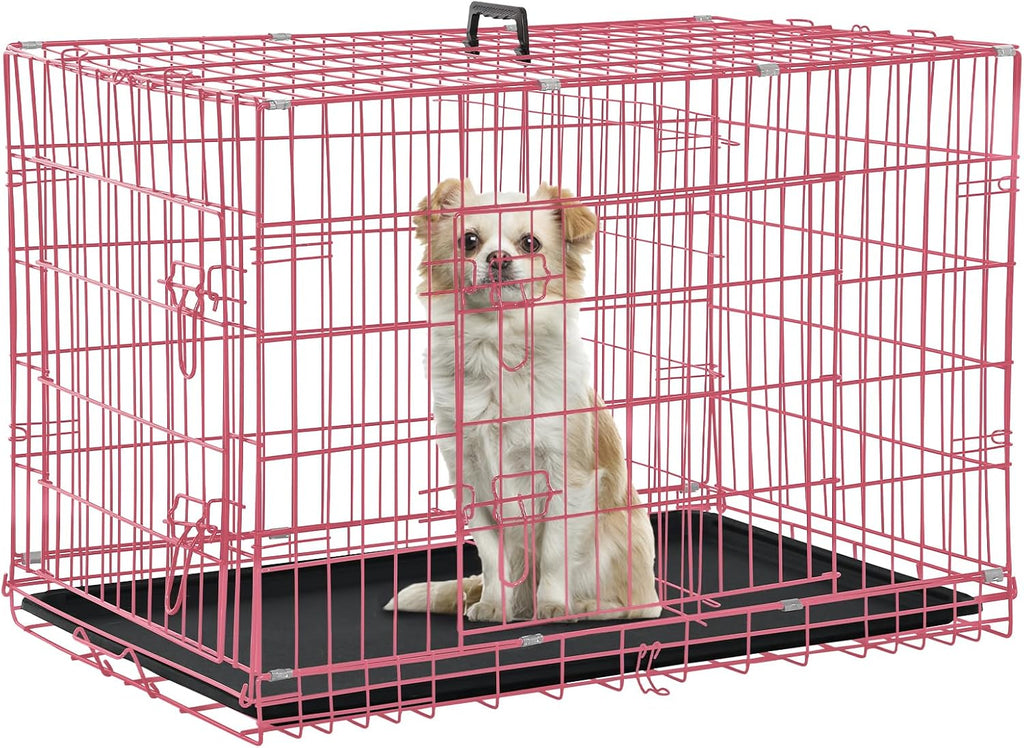 Dog Crate Dog Kennel Cage for Small Dogs, 24" Portable Foldable Indoor Outdoor Large Double Door Wire Metal Puppy Cat Pet Dog Cage with ABS Tray LC & Divider, Pink