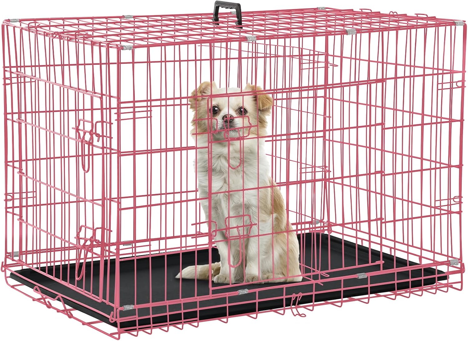 Dog Crate Dog Kennel Cage for Small Dogs, 24" Portable Foldable Indoor Outdoor Large Double Door Wire Metal Puppy Cat Pet Dog Cage with ABS Tray LC & Divider, Pink