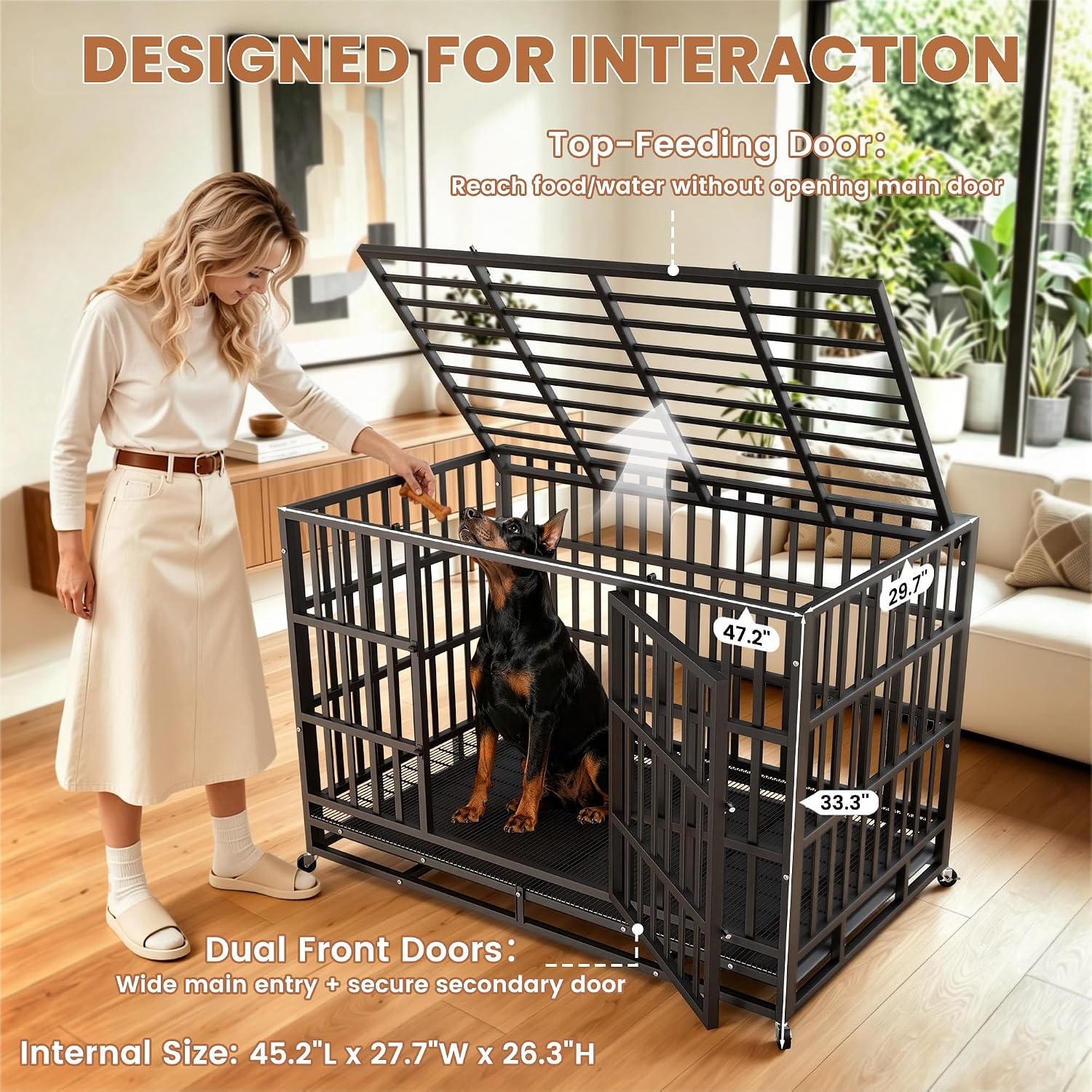 Heavy Duty Dog Crate 48 Inch, Indestructible Kennel for Large Dogs | 38-60" for Small to XX-Large Dogs | Escape Proof Latch | Removable Tray | Chew-Proof Steel | Lockable Wheels | Easy-Clean