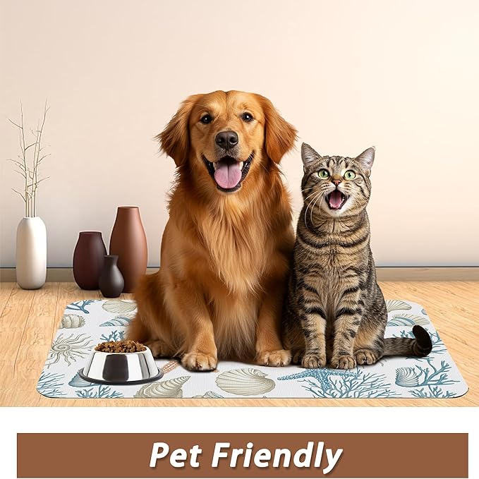 Starfish Dog Food Mat for Floors,Coral Shell Ocean Absorbent Quick-Dry Pet Feeding Mat, Cat Dog Bowl Mats for Food and Water,Non-Slip Pet Accessories Supplies 12"x20"