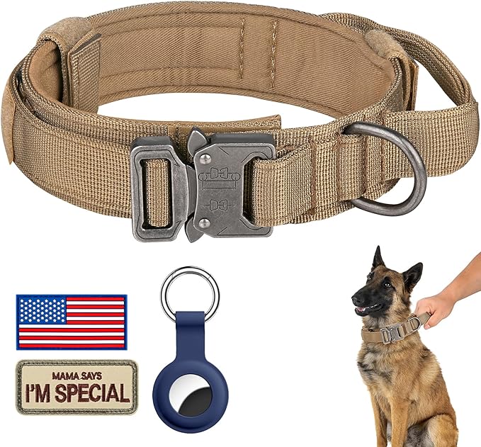 DAGANXI Tactical Dog Collar, Adjustable Military Training Nylon Dog Collar with Control Handle and Heavy Metal Buckle for Medium and Large Dogs, with Patches and Airtags Case (M, Brown)