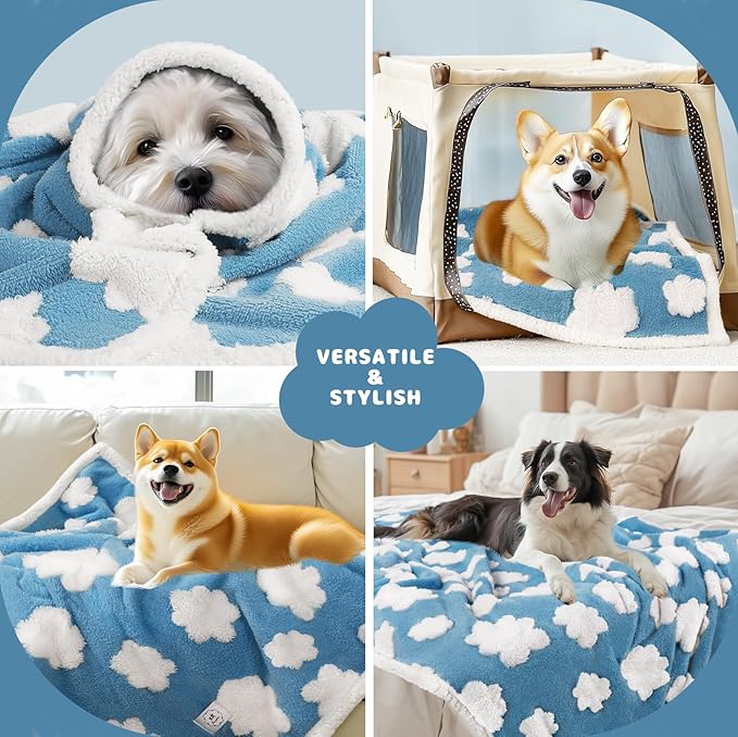 Luciphia Waterproof Pet Blanket for Medium Large Dogs Washable Fluffy Thick Jacquard Shag Fleece Warm Sherpa 3D Textured Flower Print for Cats Puppy Couch Protection (Blue Cloud,67x57 inches)