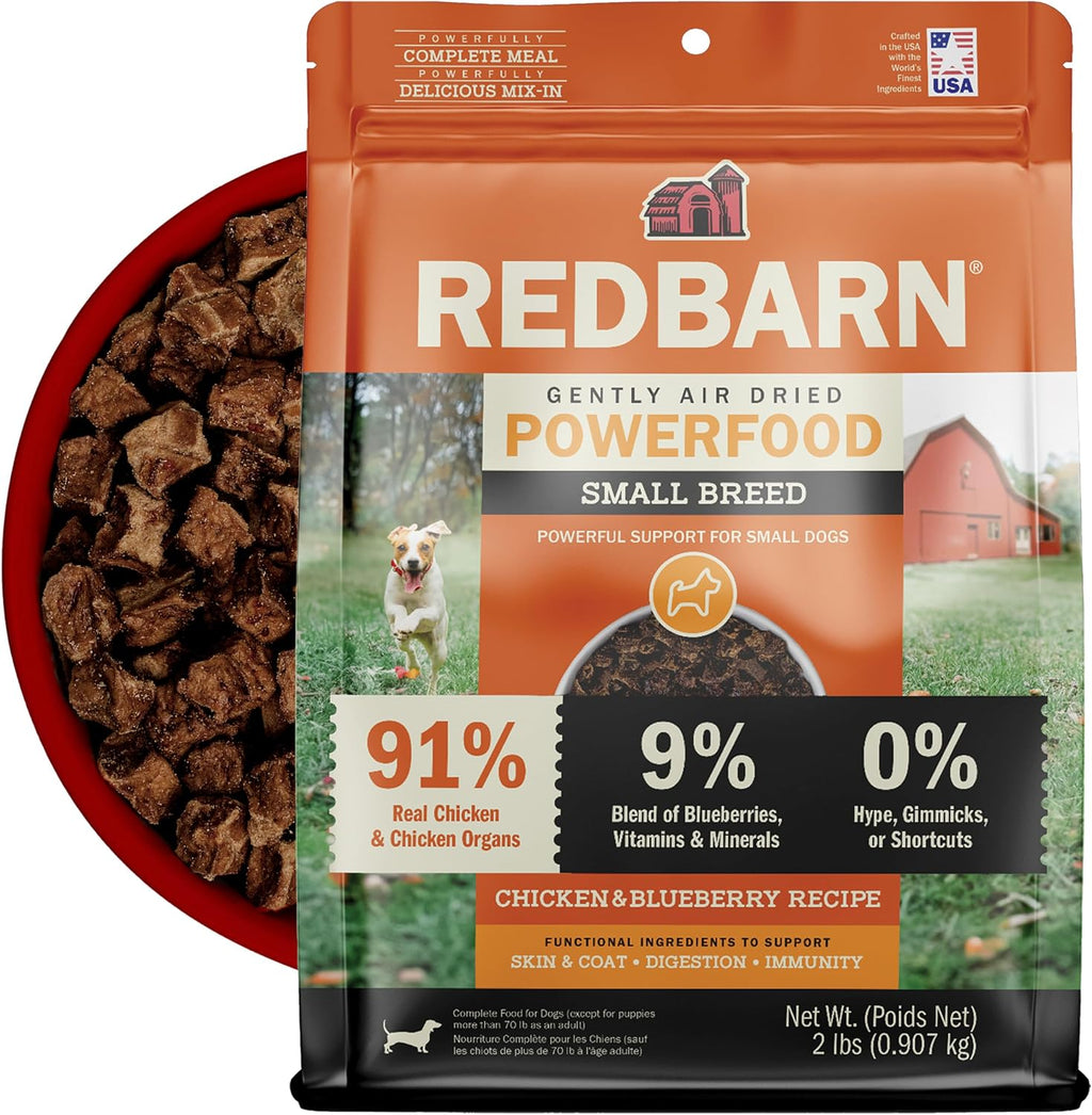 Redbarn Powerfood Air Dried Dog Food Small Breed Recipe 2 lbs - 91% Chicken & Chicken Organs with Blueberries Prebiotics Postbiotics Grain Free Wholesome Pet Food Made in USA