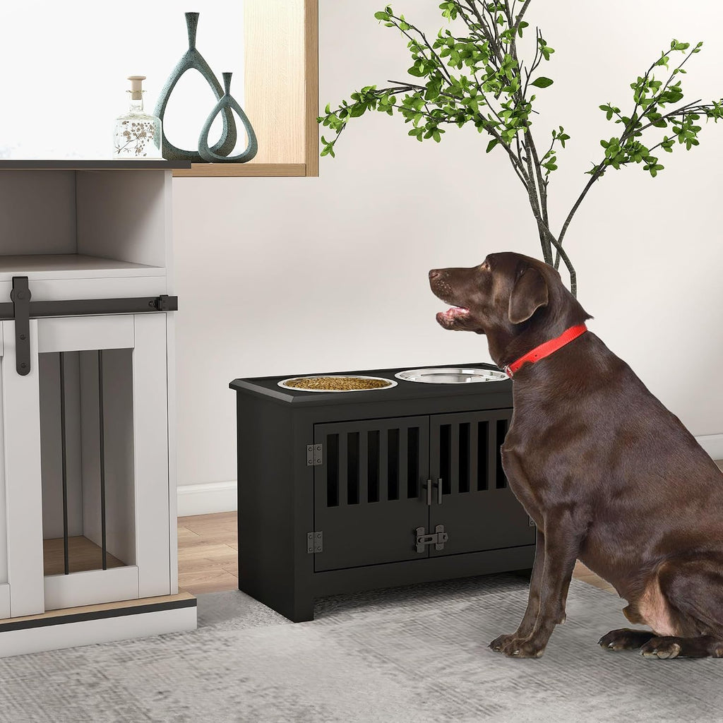 Large Elevated Dog Bowls with Storage Cabinet Containing Large 37L Capacity, Raised Bowl Stand Pet Food Bowl Dog Feeding Station, Black
