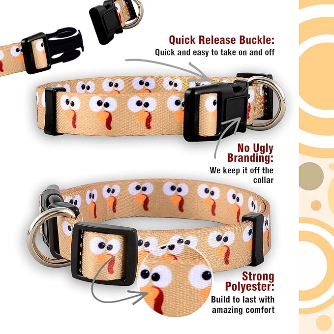 Native Pup Thanksgiving Dog Collar- Fall Collars for Dogs- Autumn Leaf, Turkey, Pumpkin Pie, Holiday Leaves- Girl Boy Puppy- Adjustable for Small, Medium, Large Breeds (Turkey Face, Medium)