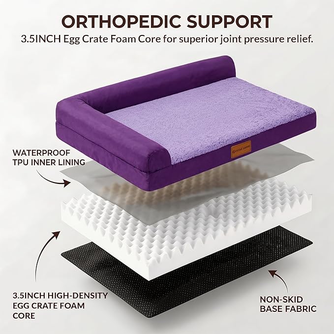 Patas Lague Orthopedic XL Dog Bed Large Sized Dog 42''X28'', Waterproof L Bolster Big Pet Sofa Beds with Removable Washable Cover, Soft Comfortable Pet Couch Crate Mat with Nonskid Bottom, Purple