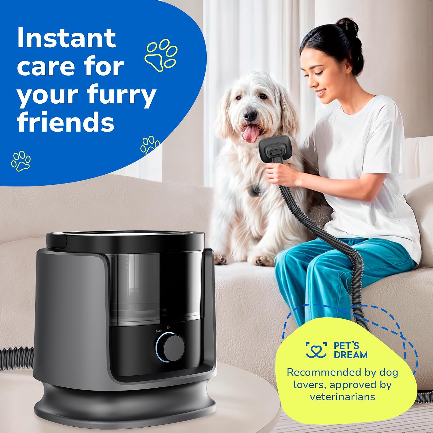 PET'S DREAM Dog Grooming Vacuum Kit, 3.5L Dust Cup, Low Noise, 4 Suction Modes, HEPA Filter, Black, For Dogs