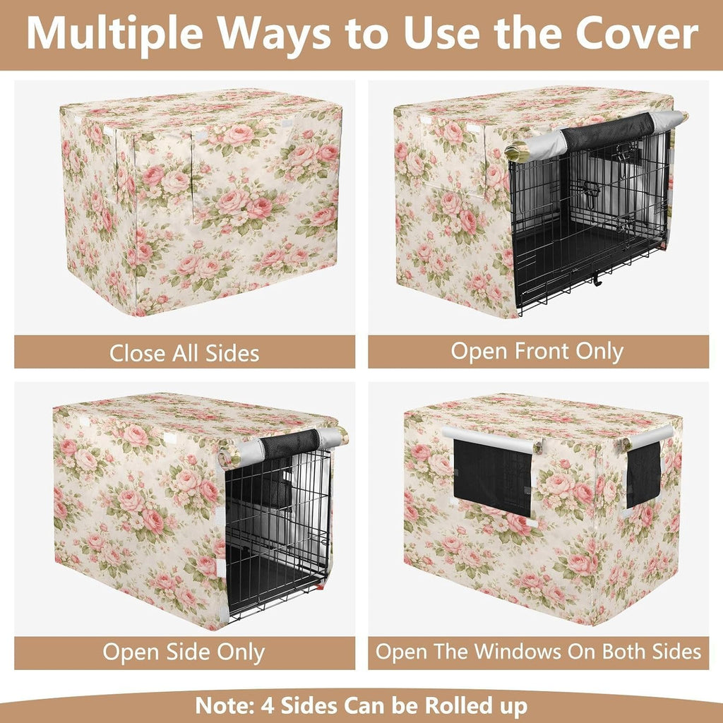 Shabby Chic Flowers Dog Crate Cover 600D Oxford Heavy Duty Kennel Cover Mesh Window Soundproof Waterproof Sunshade Universal Fit for 48 inches Wire Cage