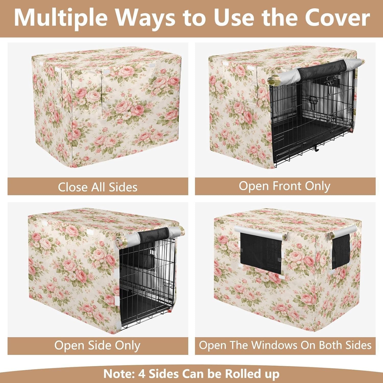 Shabby Chic Flowers Dog Crate Cover 600D Oxford Heavy Duty Kennel Cover Mesh Window Soundproof Waterproof Sunshade Universal Fit for 48 inches Wire Cage