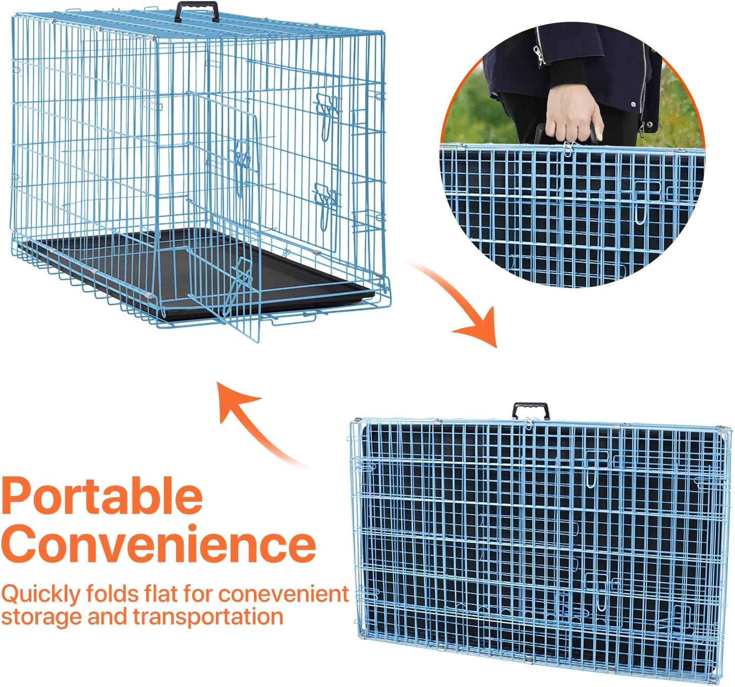 Dog Crate for Large Medium Small Dogs, Folding Dog Kennel Cage with Plastic Tray & Divider 48"/42"/ 36"/ 30"/ 24" Indoor Outdoor Metal Double Door Heavy Duty Dog Pen Enclosure, Blue(36 Inch)
