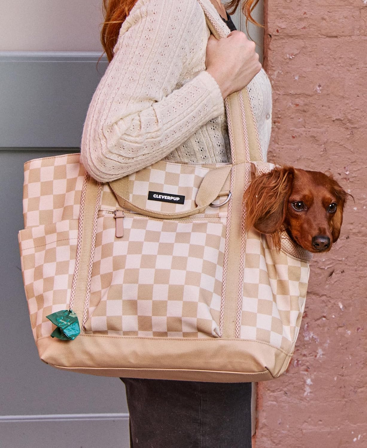 Transit Tote Dog Carrier 4-Piece Set - Premium Lightweight Pet Travel Bag with Plush Teddy Insert, Food Pouch, Air Mesh Opening, Water-Resistant Base & Safety Tether - Medium Checkerboard