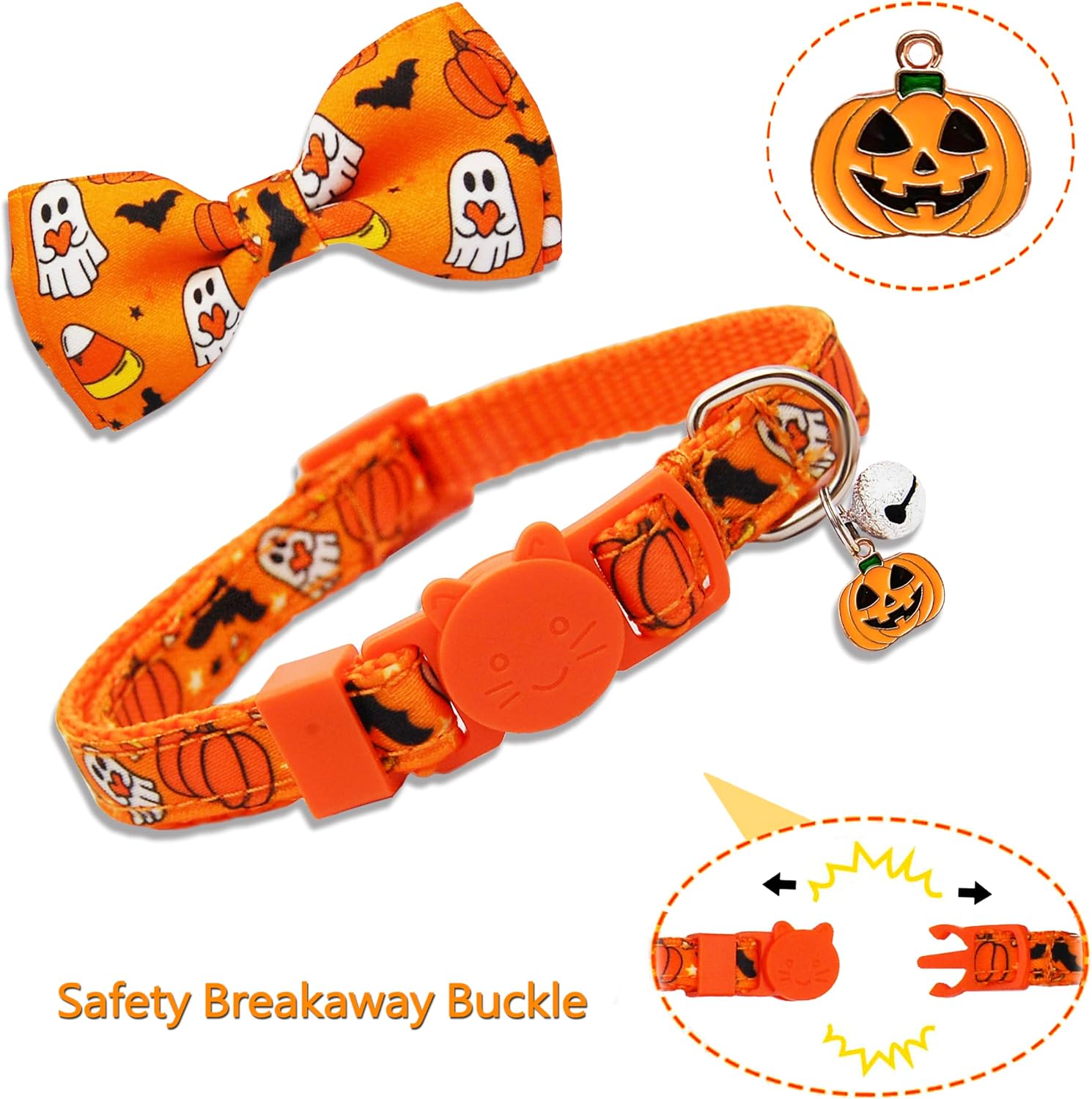 Halloween Cat Collar Set, 2 Pack Holiday Spooky Ghost & Pumpkin Adjustable Collars with Bow Tie & Bells, Safety Breakaway Buckle for Boys and Girls Kitties Kittens