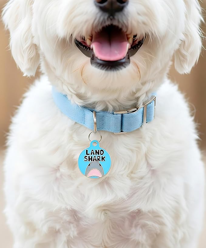 Bad Tags Personalized Dog and Cat ID Tags in 25+ Designs and 2 Sizes - 5 Lines of Custom Engraved Text - Funny Cute Personalized Pet Tags (Land Shark, Large (1.25 inch))