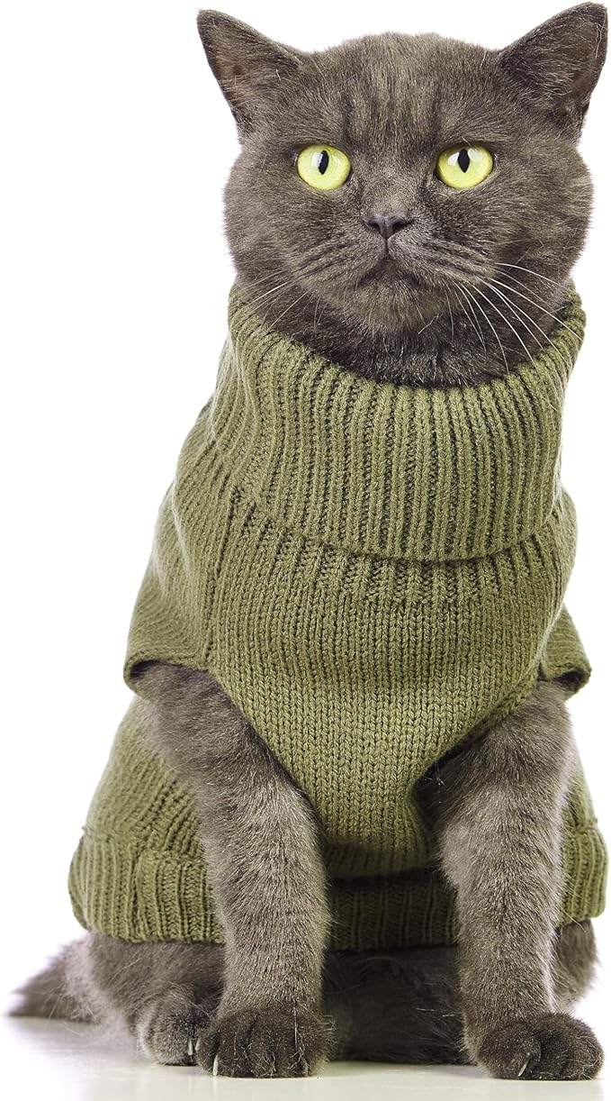 Stretchy Cat Sweater - 17 Colors & 6 Sizes | Snug Winter-Ready Knit for Boy/Girl Cats & Kittens(Olive Green, Small)