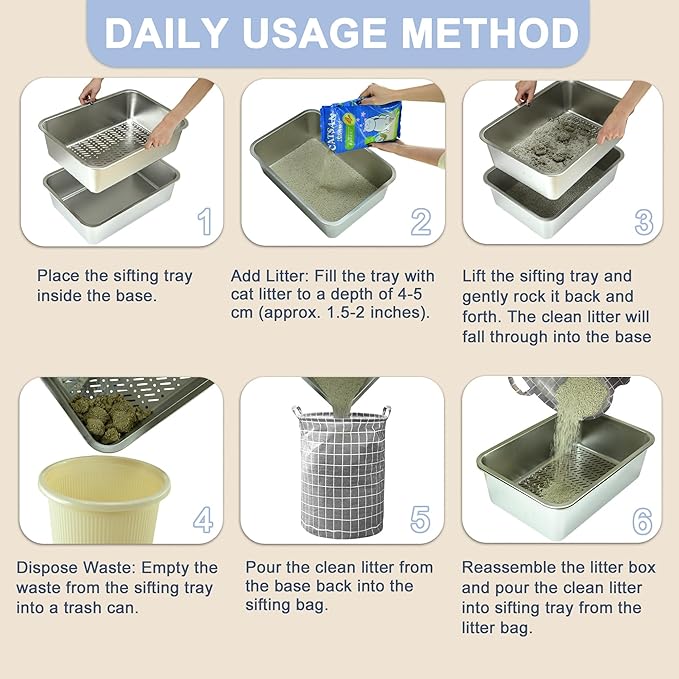 Teheao 2 Pack Stainless Steel Sifting Cat Litter Box for Clumping Litter, Kitty Large Metal Sifter Tray Pan with Cat Litter Bag, Low Dust, Odor Control, Easy Cleaning (17.7"*13.8"*5.9")