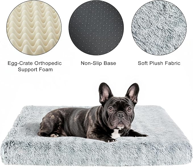 Fluffy Orthopedic Dog Beds for Large Dogs with Washable Removable Cover Dog Crate Bed Egg Crate Foam Support Plush Pet Pad Mat with Anti-Slip Bottom(Grey,42 * 28)