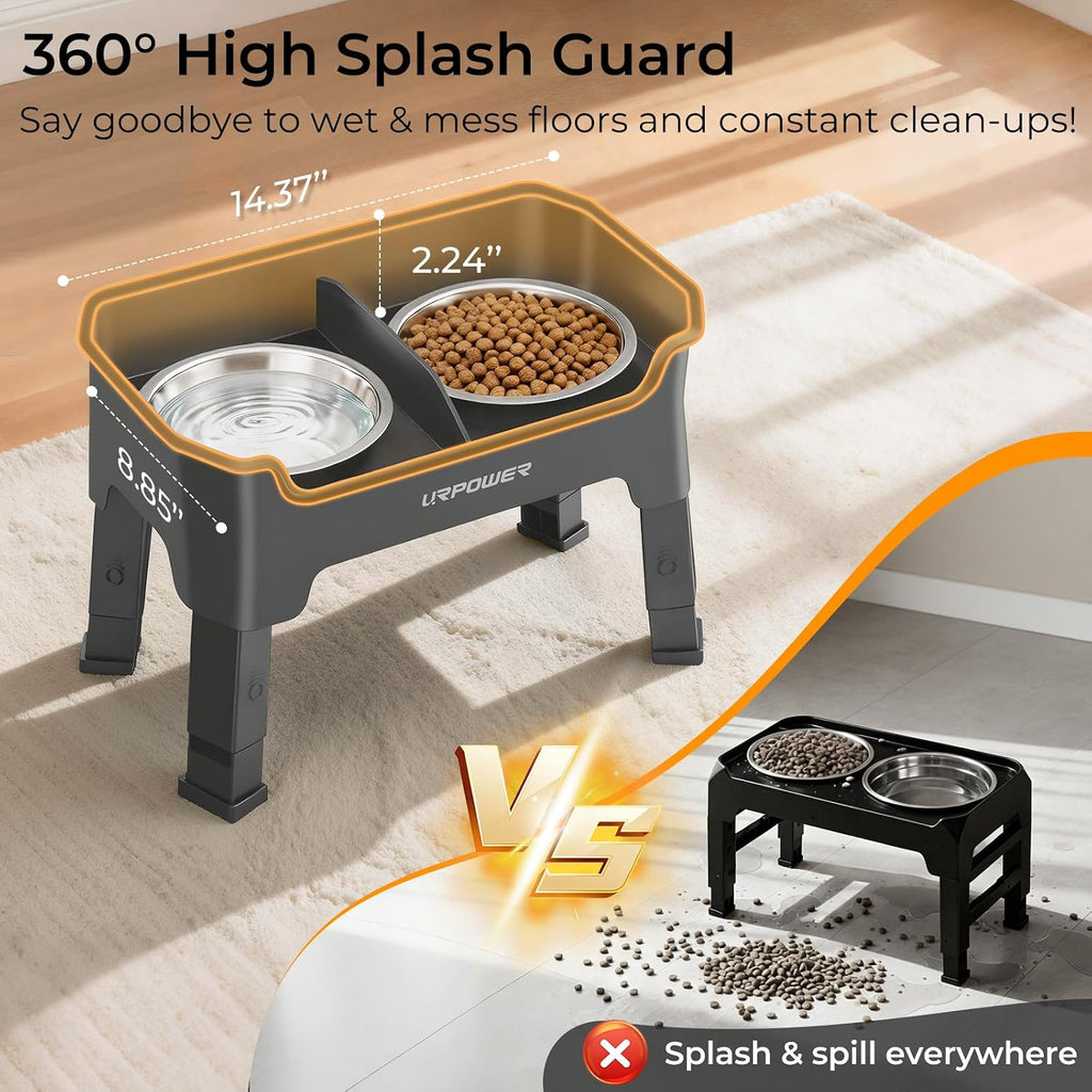 URPOWER Mess Proof Elevated Dog Bowls for Small Dogs with Splash Guard | 4 Adjustable Heights, 2 Stainless Steel Bowls, Food & Water Separation, Non-Slip Base, Foldable Raised Dog Bowl Stand, Grey