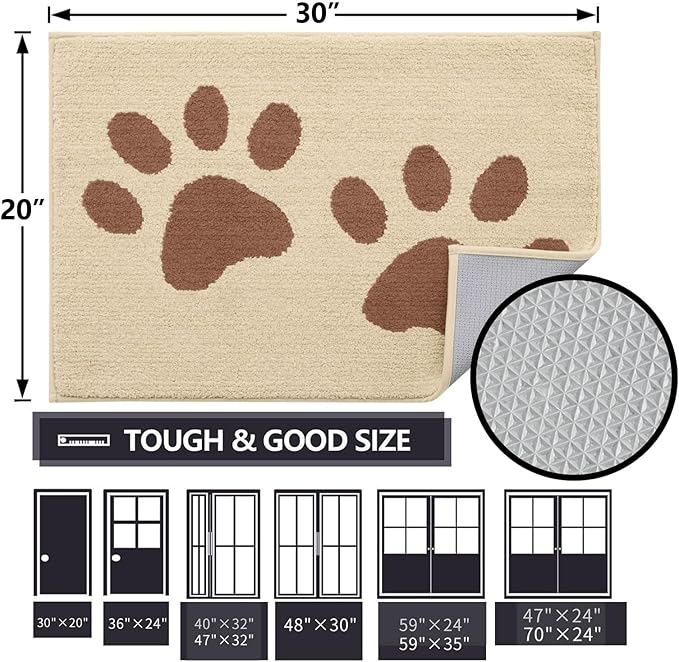 Buganda Dog Door Mat for Muddy Paws, Absorbent Dirt Trapper Washable Indoor Doormats, Non Slip Low-Profile Mud Mat for Dogs, Front Entrance Doormat for Inside Floor (36x24 Inches, Light Beige)