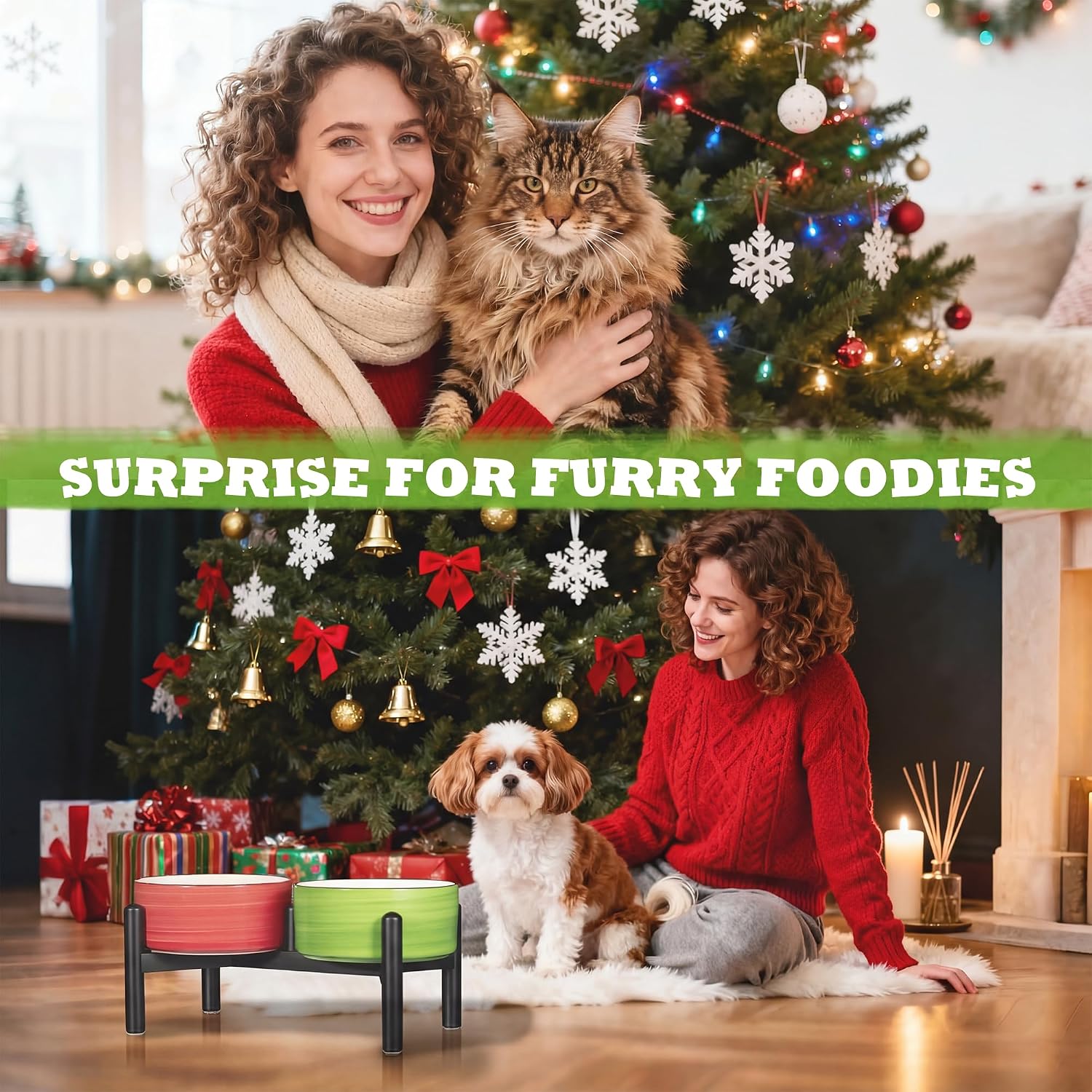 Ceramic Elevated Dog Bowl Set, 6.1''Raised Dog Food and Water Bowl Set with Non-Slip Stainless Steel Stand, Double Raised Dish for Small and Medium Breed, 3.5 Cups / 22 Fl Oz, Sunset Duo