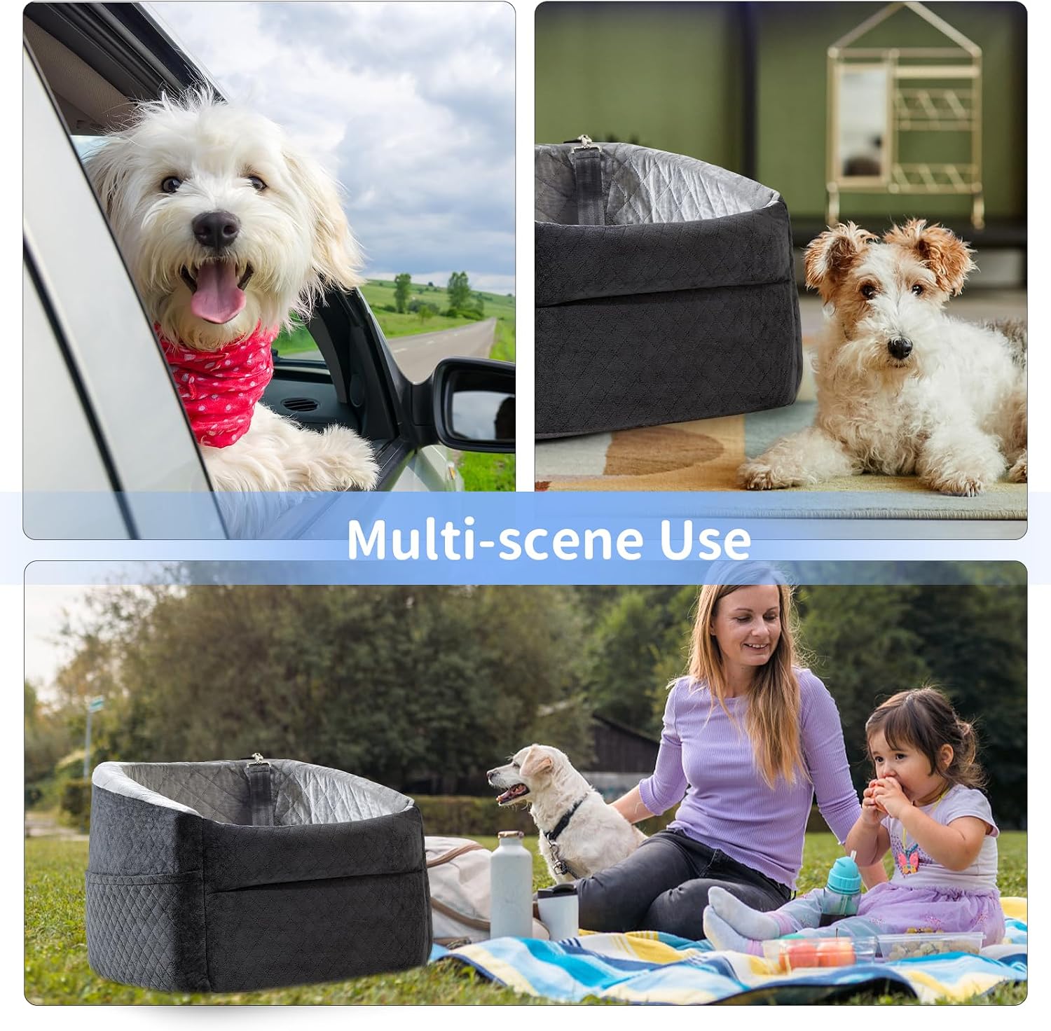 Car Dog Bed - Memory Foam Puppy Car Booster Seat with Safety Leash, Washable, Medium/Small Dogs