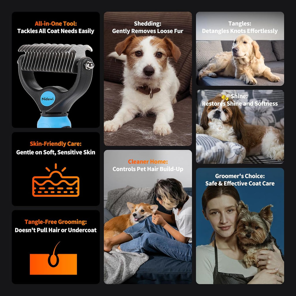 Nidawi Pet Dog Grooming Brush - Double Sided | Shedding & Dematting Undercoat Rake Comb, For Dogs and Cats, Helps Reduce Tangles, Shedding & Matts, Medium & Long Hair