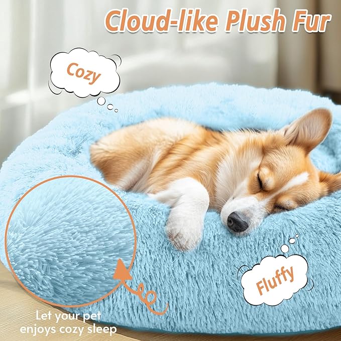 JOLLYVOGUE Calming Dog Bed Large Size Dog, Anti-Anxiety Donut Large Pet Bed, 36 inches Fluffy Faux Fur Round Cat Bed, Fits up to 75 lbs Pets (Light Blue)