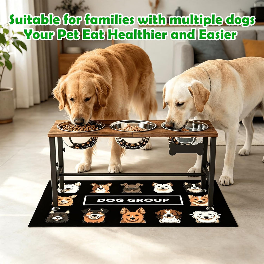 SHAINFUN Adjustable Height Elevated Dog Bowl Stand – Wooden Raised Dog Bowls with Three 58oz Stainless Steel Bowls & Mat for Small to Large Dog Breeds