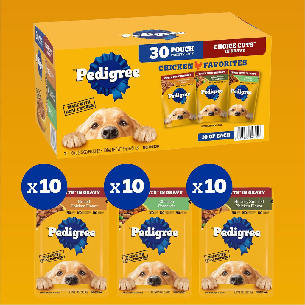 Pedigree Choice Cuts Wet Dog Food Pouch, Chicken Variety, 3.5 oz, 30 Count | 100% complete & balanced, steam cooked, made with real chicken, 36 vitamins & minerals, 50%+ water for hydration