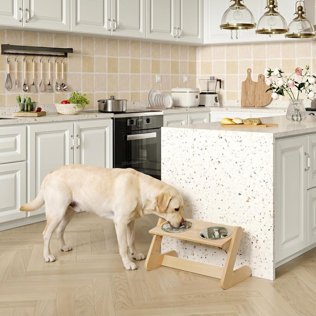 Solid Birch Wood Elevated Dog Bowl Stand for Large & Medium Dogs | Raised Dog Bowl Stand, 3 Heights, 10° Angled Top, Water-Resistant Finish, 2 Stainless Bowls, 8" Openings