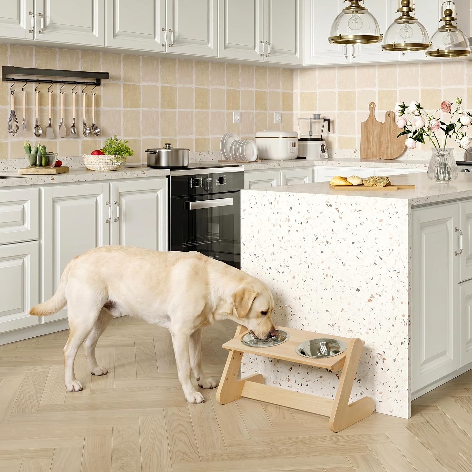 Solid Birch Wood Elevated Dog Bowl Stand for Large & Medium Dogs | Raised Dog Bowl Stand, 3 Heights, 10° Angled Top, Water-Resistant Finish, 2 Stainless Bowls, 8" Openings