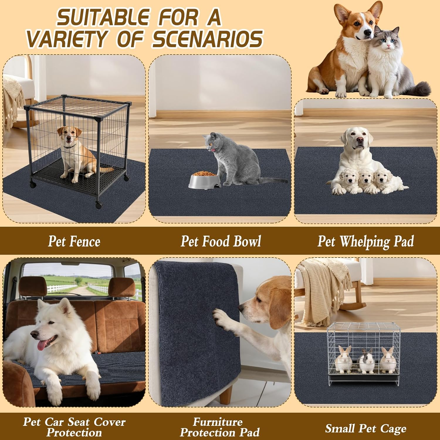Dog Playpen Mat, Dog Crate Pad Liner for Kennel Training Under Pet Cage Non-Slip Kennel Mat to Protect Floors Extra Large Absorbs Urine Reusable Dog Playpen Mat, 47.23" X 60.23"