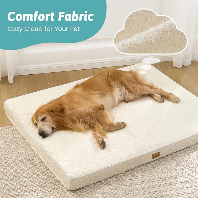Dog Crate Bed for Large Size Dogs, Rectangular Orthopedic Dog Beds, Foam Anti-Slip Bottom Pet Mat with Washable Removable Cover, Suitable for Pet Up to 75 lbs, 36x27x3 inch, Beige
