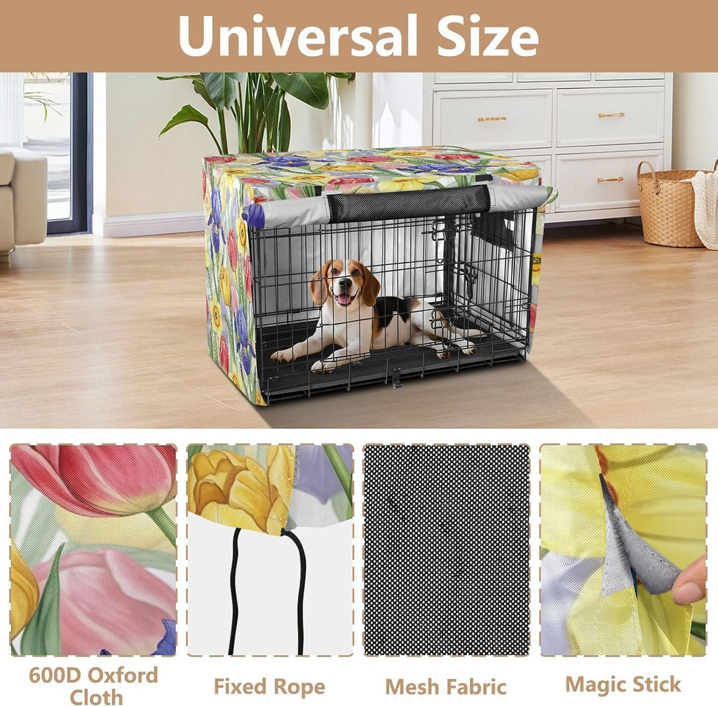 Bright Spring Flowers Dog Crate Cover 600D Oxford Heavy Duty Kennel Cover Mesh Window Soundproof Waterproof Sunshade Universal Fit for 42 inches Wire Cage