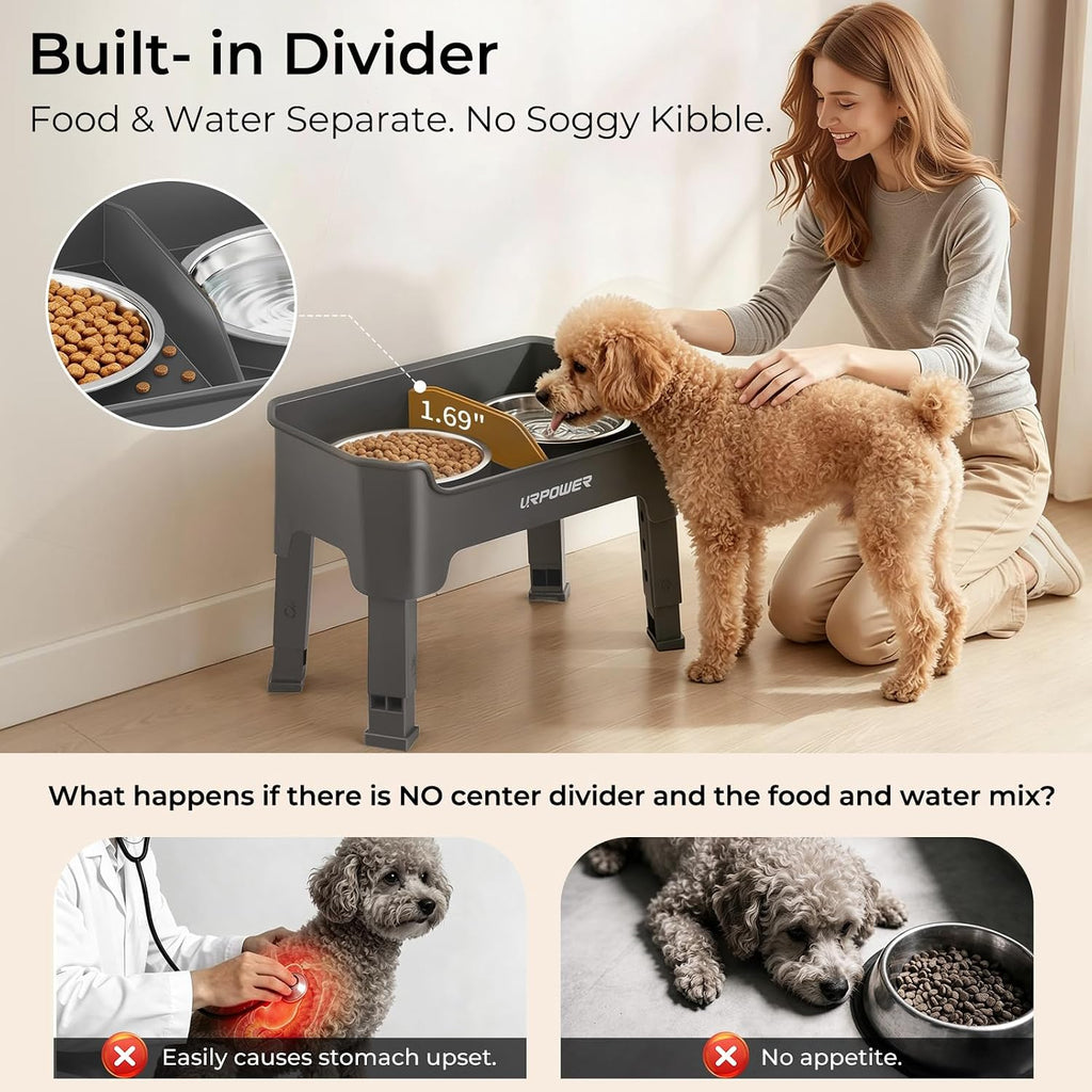 URPOWER Mess Proof Elevated Dog Bowls for Small Dogs with Splash Guard | 4 Adjustable Heights, 2 Stainless Steel Bowls, Food & Water Separation, Non-Slip Base, Foldable Raised Dog Bowl Stand, Grey