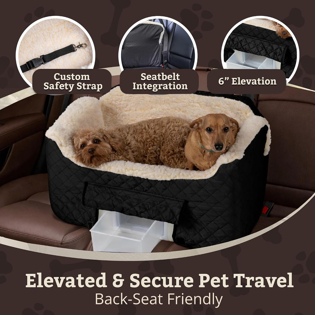Snoozer Dog Car Seat for Dogs up to 34lbs, Lookout II, Black Quilted (L) | Dog booster car seat, Helps alleviate travel sickness & fear, Storage tray, Removable washable cover, Great for 2 small pets