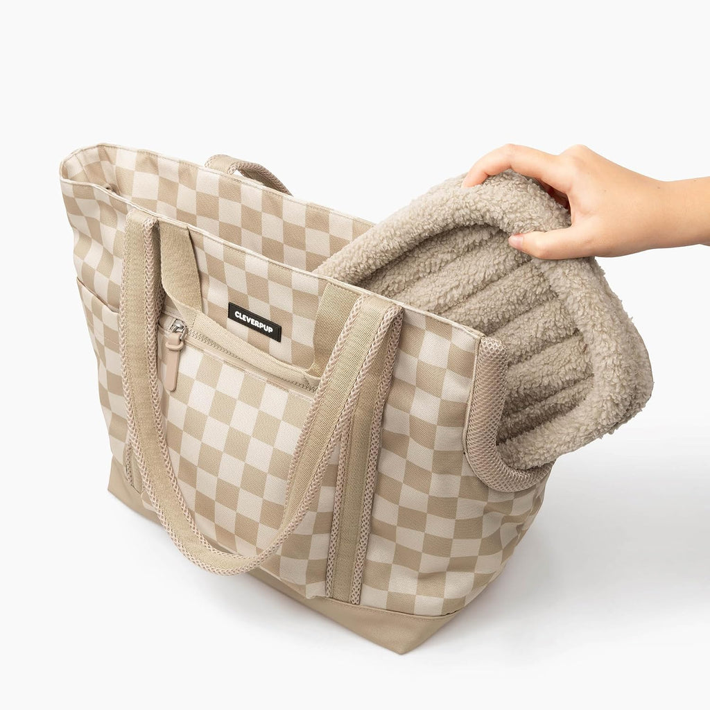 Transit Tote Dog Carrier 4-Piece Set - Premium Lightweight Pet Travel Bag with Plush Teddy Insert, Food Pouch, Air Mesh Opening, Water-Resistant Base & Safety Tether - Medium Checkerboard