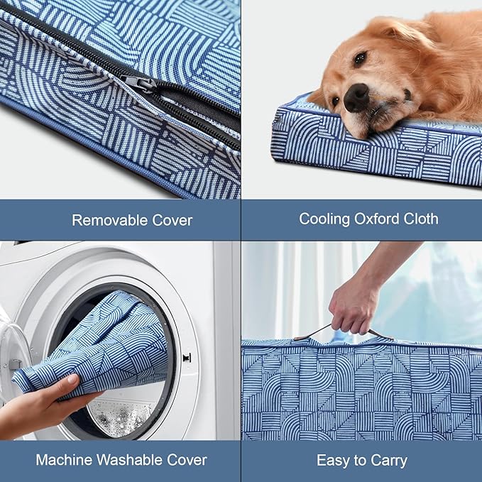 Outdoor Dog Bed for Small Dogs & Cats, Waterproof Dog Crate Mat Orthopedic Egg Crate Foam with Washable Removable Oxford Cover, White Blue