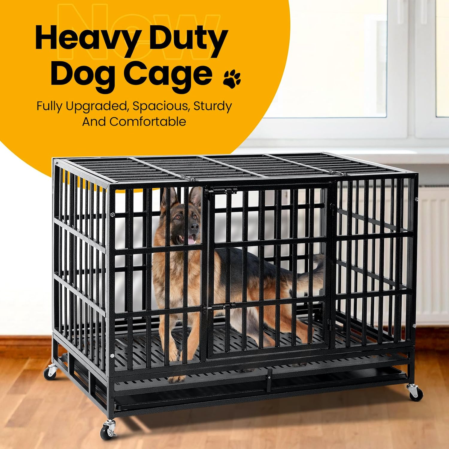 WOKEEN 48 inch Thick Flat Tube Heavy Duty Dog Crate Cage Kennel with Wheels, Crate for Large Dogs with Upgrade Tray, Double Door and Sturdy Locks for High Anxiety Dogs, Indestructible Dog Crate BLACK