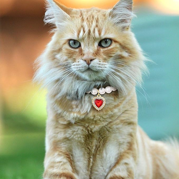 2pcs Pearl Collar for Cat Puppy, Small Cute Heart Shape Rhinestone Pet Necklace, Adjustable Wedding Party Pet Jewelry Accessories for Puppy Kitten- Blue & Red