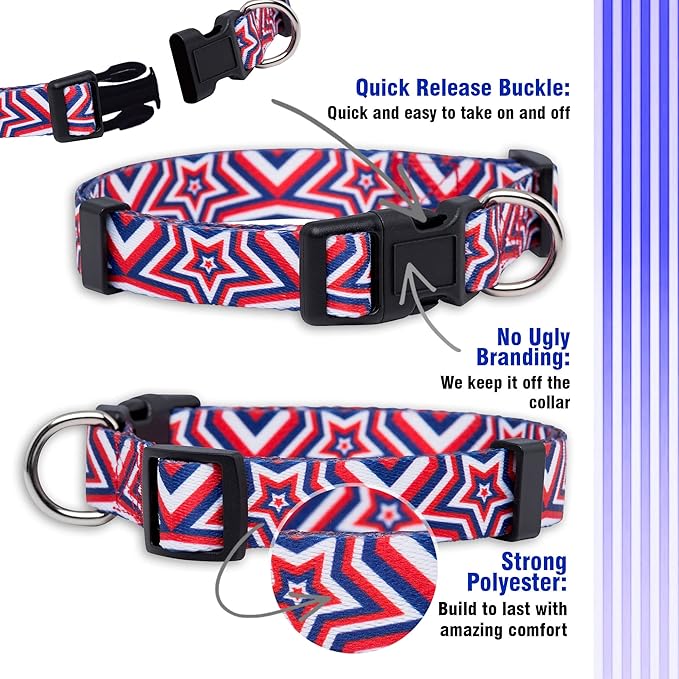 Native Pup American Flag Dog Collar- Red White and Blue- Patriotic Collars for 4th of July, USA- Adjustable Small, Medium, Large Breed Dogs (Medium, Big Stars)
