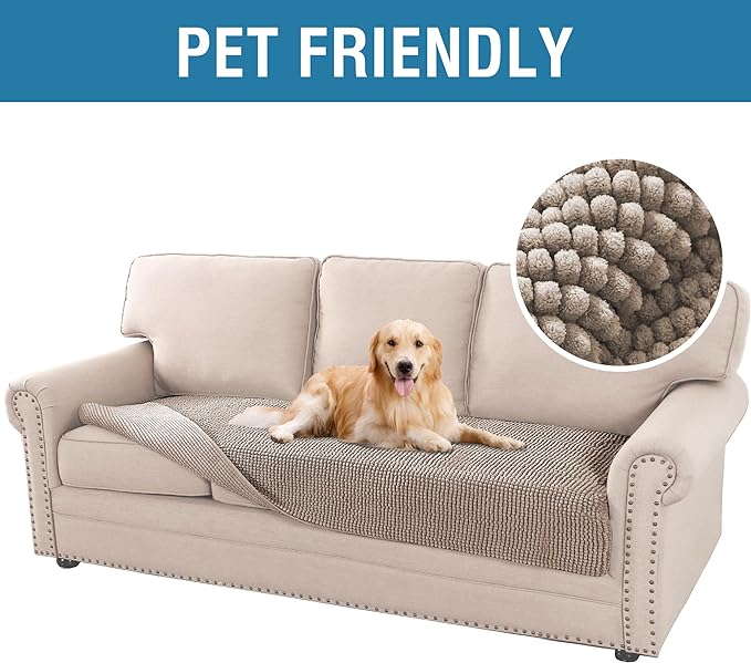 H.VERSAILTEX Plush Chenille Dog Bed Cover Thick Soft Sofa Cover for 3 Cushion Couch Anti Slip Couch Cover Furniture Protector for Dog, Pet, Cat (35" x 82", Taupe)