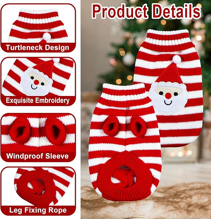 Cat Dog Christmas Sweater Pet Winter Warm Coat Pajamas Small Dog Sweaters Christmas Santa Sweater for Large Cats Small Dogs (Santa, L)