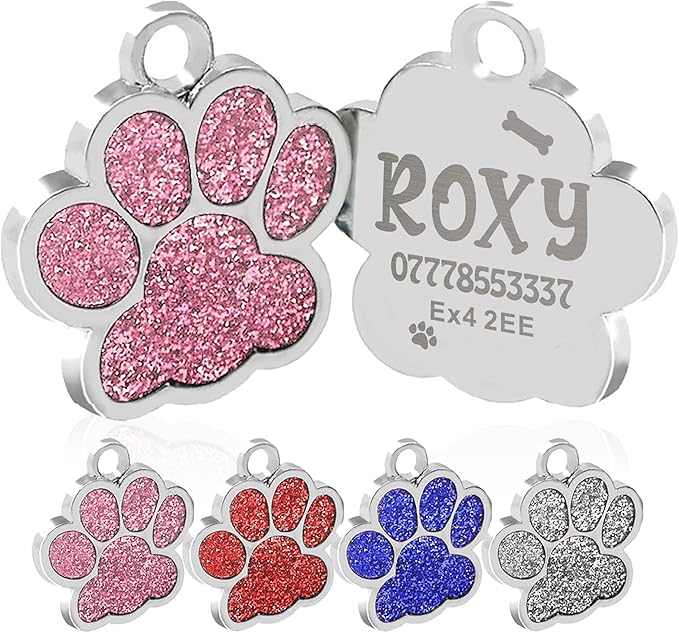 EDSG Cat Dog Tags Personalized for Pets, Dog Name Tags Cat Name ID Tag, Engraved Dog Tags Dog ID Tags Small Glitter Bling ID Tag Paw Print for Cat Pet Dog Puppy(Blue,Design 2)