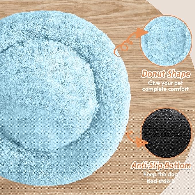 JOLLYVOGUE Calming Dog Bed Large Size Dog, Anti-Anxiety Donut Large Pet Bed, 36 inches Fluffy Faux Fur Round Cat Bed, Fits up to 75 lbs Pets (Light Blue)