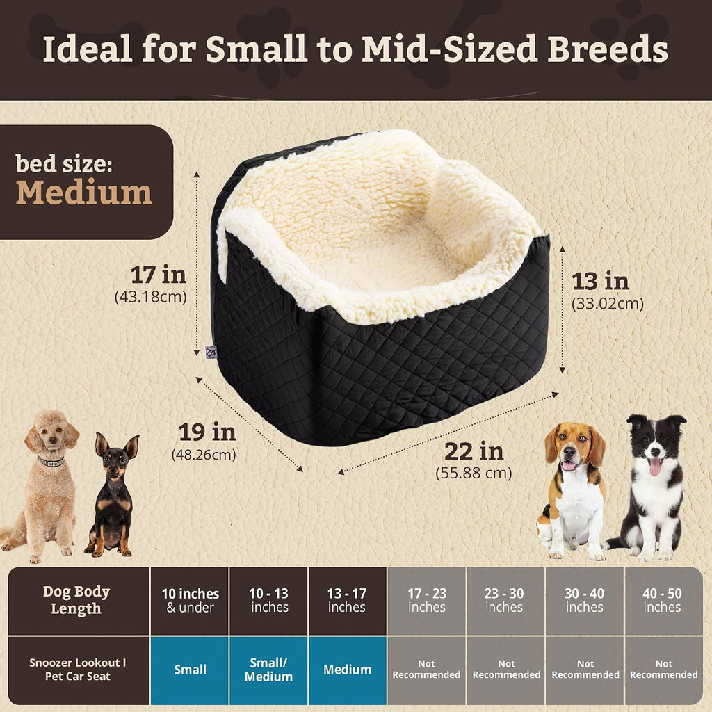 Snoozer Lookout I Car Seat - Dog Car Seats for Small Dogs, Puppy Booster Bed for Small & Medium Sized Pets Up to 25 Lbs, Elevated, Washable - Medium, Black Quilted | Dog booster car seat, Elevated view helps alleviate travel sickness & fear, Removable