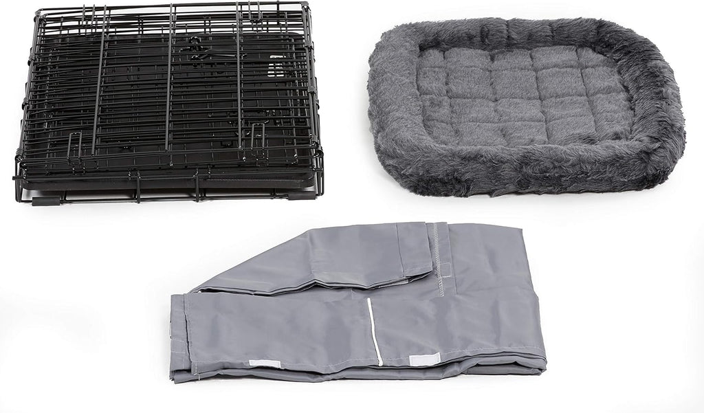 MidWest Homes for Pets Double Door 24-inch Dog Crate Kit, Bundle Includes a Two-Door Cage, Matching Gray Bed and Crate Cover, For Small Breeds