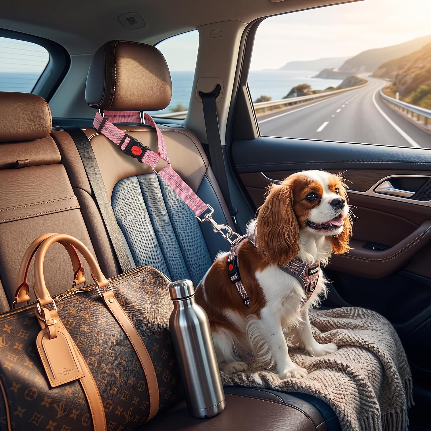 SUNGOOYUE Dog Seat Belt Reflective Nylon Adjustable Pet Car Restraint 72 to 84cm with Headrest Strap Collar 45 to 65cm for Travel Walking Dogs of Different Sizes (Pink)